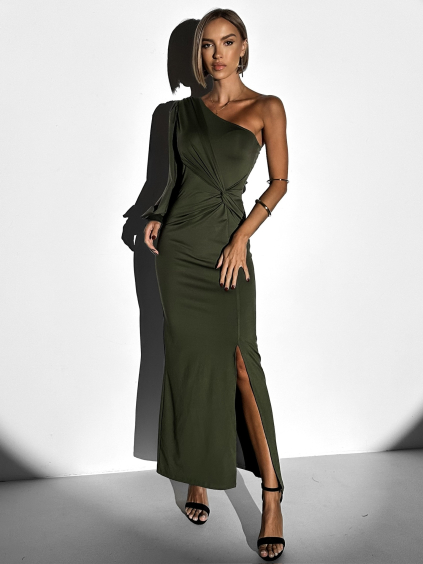 Kaki spoločenské dlhé šaty DUFOUR na jedno rameno