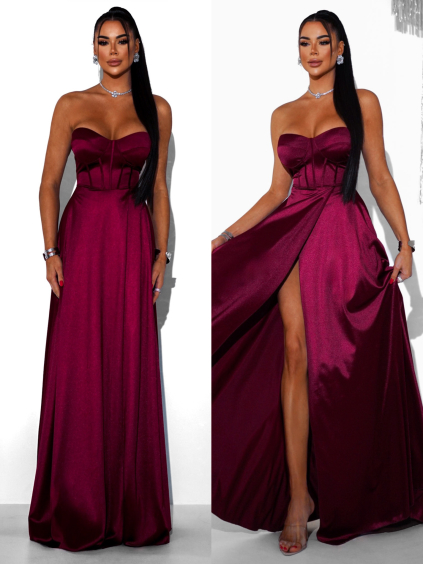 Bordó saténové dlouhé šaty GYBRAL s korzetem (Veľkosť ONESIZE)