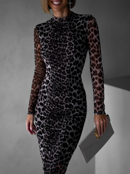Leopardie vypasované dlhé šaty YUROCHO