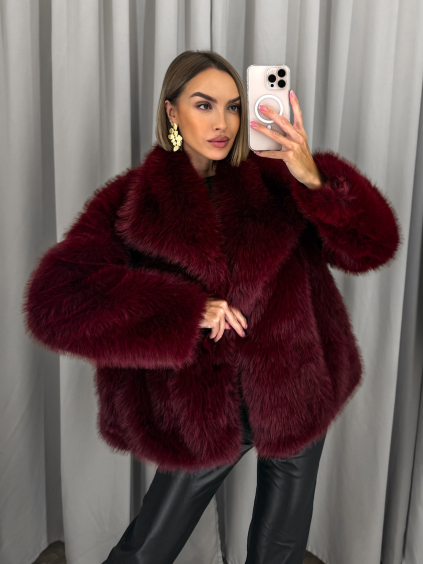 Bordó faux fur kožešinový kabátek kožich BAIDE (Veľkosť ONESIZE)