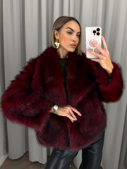 Vínový faux fur kožušinový kabát kožuch VIVIENE