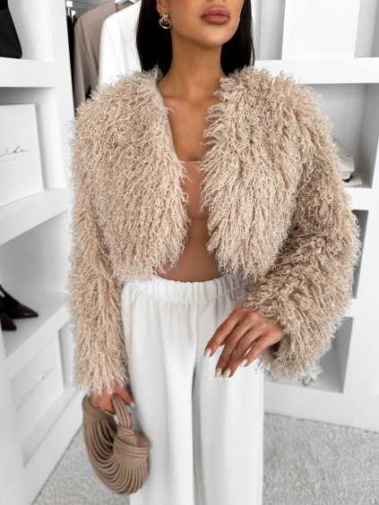 Béžový faux fur krátký kožešinový kabátek TUYEN (Veľkosť ONESIZE)