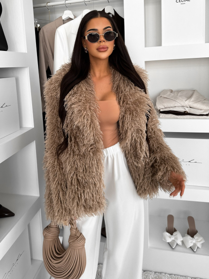 Hnědý faux fur kožešinový krátký kabátek HIENO (Veľkosť ONESIZE)