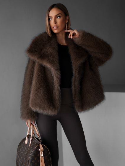 Hnědý fauxfur kožešinový kabátek KIRIAK (Veľkosť M/L)