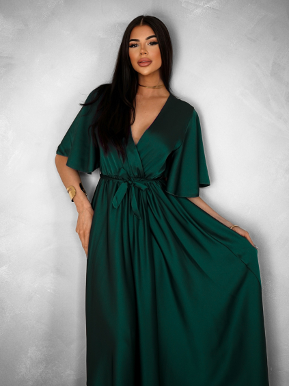 Smaragdové saténové dlhé šaty GO HOME s výstrihom