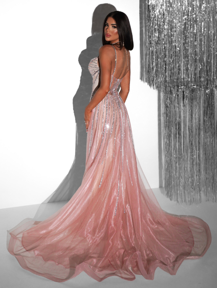 Béžovorůžové luxusní plesové šaty ROBES s kamínky (Veľkosť L)