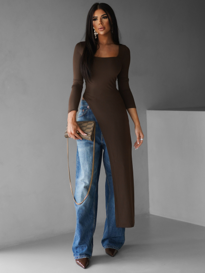 Hnedá asymetrická dlhá tunika GIANG s dlhým rukávom