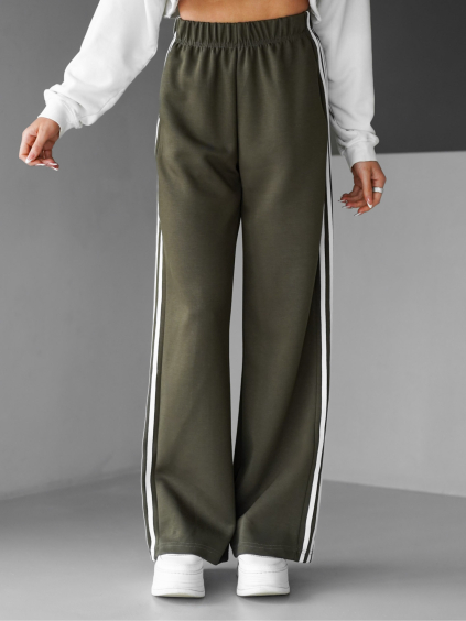 Khaki široké stylové tepláky EDALLA s pruhy (Veľkosť ONESIZE)