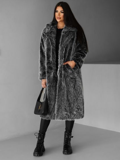 Černý faux fur dlouhý kožešinový kabát KINKA (Veľkosť M/L)