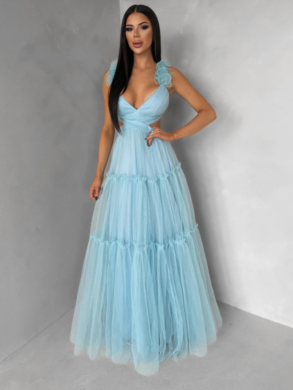 Mentolové tylové plesové šaty NALASI s prestrihmi