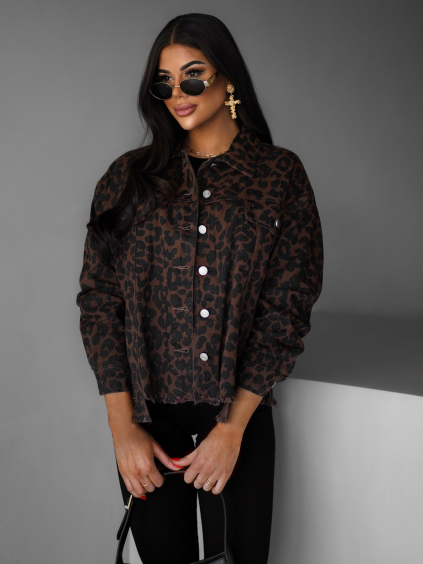 Leopardí hnědá krátká džínová bunda KEIRYT (Veľkosť ONESIZE)