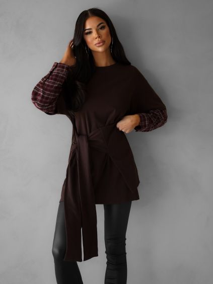 Hnědá oversize mikina BARBARA s košilí (Veľkosť ONESIZE)