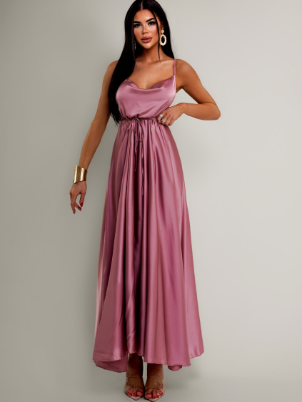 Starorůžové lesklé elegantní šaty YASMINE s rozparkem (Veľkosť ONESIZE)