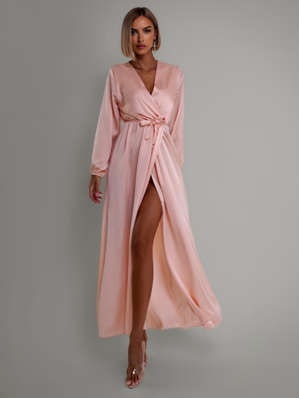 118458 7 svetle ruzove satenove saty woman s dlouhym rukavem