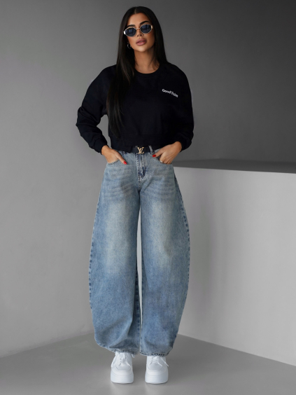 Tmavě modré stylové mom široké džíny ALMINA (Veľkosť L)