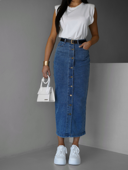 Modrá dlouhá džínová denim sukně AUGUSTYN s knoflíky (Veľkosť L)
