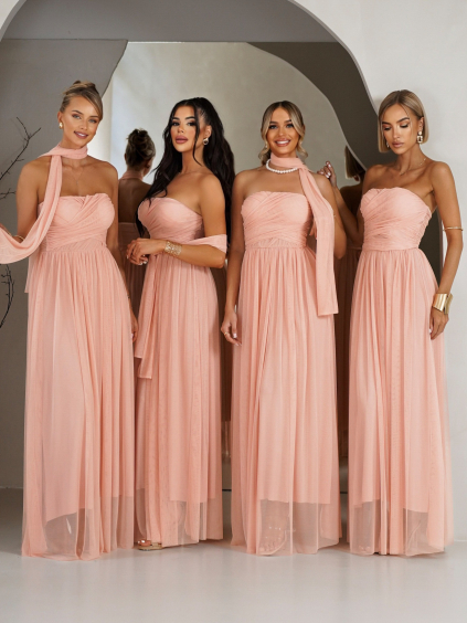 Ružové tylové šaty BOLEMIR pre družičky s vlečkou