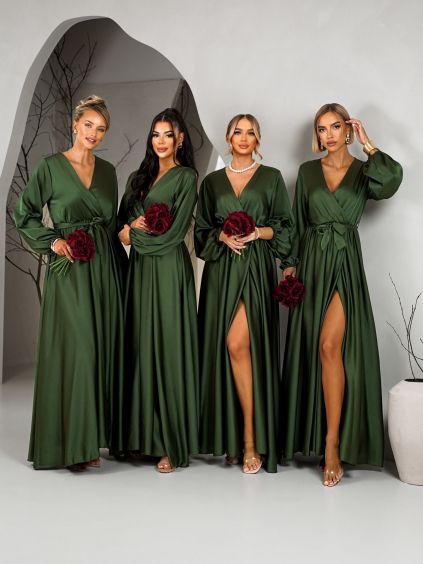 Khaki saténové šaty WOMAN pro družičky s dlouhým rukávem (Veľkosť ONESIZE)