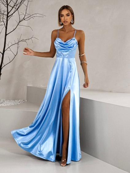 Svetlomodré saténové dlhé šaty BONKA