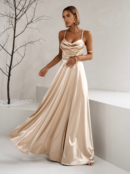 Zlaté saténové dlhé spoločenské šaty LUNOREX