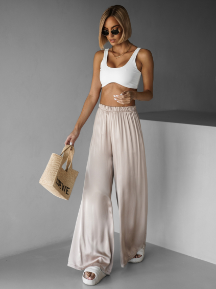 Béžové saténové široké kalhoty SITAKE (Veľkosť Štandardná dĺžka)