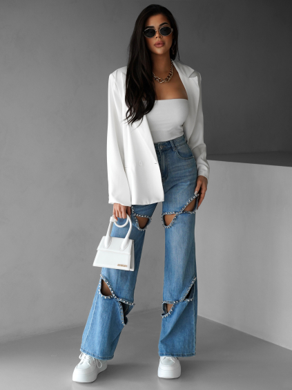 Modré wide leg džíny CHARYTIN s cvoky (Veľkosť L)