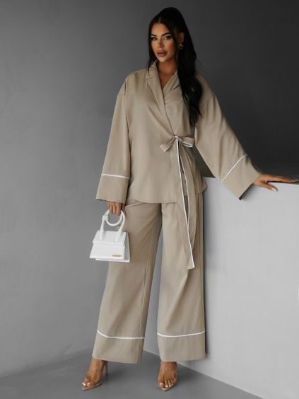 Béžový kalhotový komplet kimono SORENA (Veľkosť L)