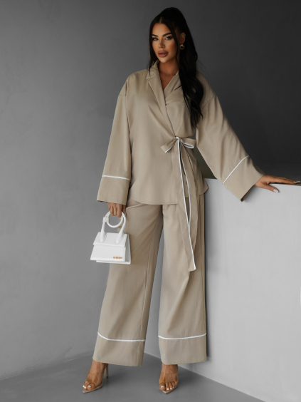 Béžový nohavicový komplet kimono SORENA (Veľkosť L)