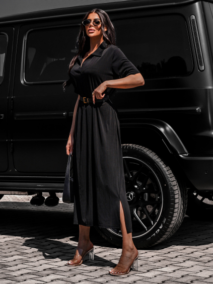 Čierne košeľové dlhé šaty BARCINE s golierom