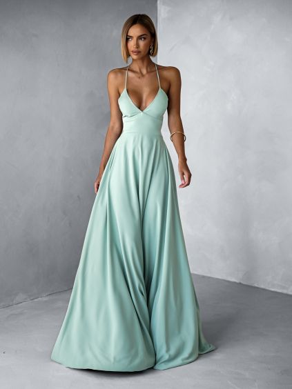 Zelenkavé dlouhé splývavé šaty DAMIANO s výstřihem (Veľkosť ONESIZE)