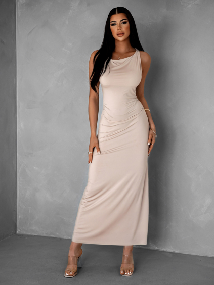 Krémové elegantné elastické dlhé šaty BURATA