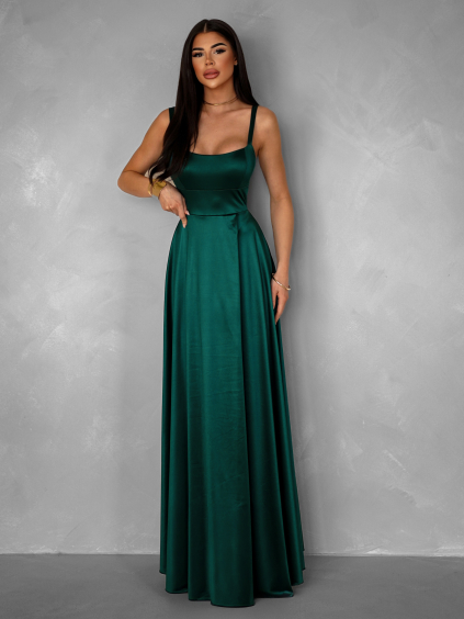 Smaragdové dlhé saténové šaty HELSIN na ramienka