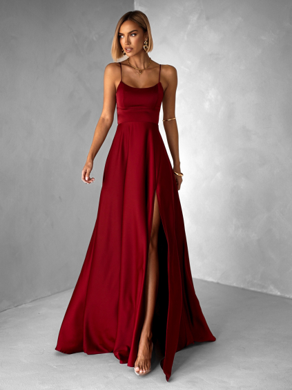 Bordové dlhé plesové šaty CELLINES so šnurovaním a rázporkom