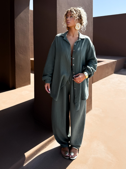Khaki mušelínová oversize dlouhá košile MEKATHY (Veľkosť ONESIZE)