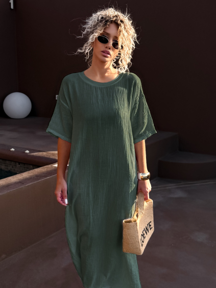 Khaki mušelínové dlouhé maxi šaty SPEEDY (Veľkosť ONESIZE)