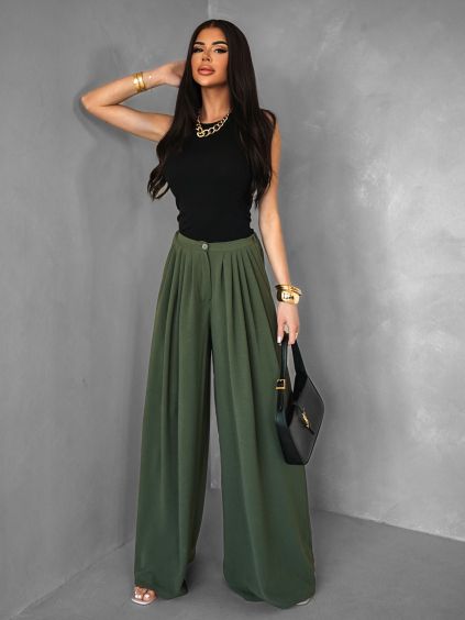 Khaki široké wide leg kalhoty VATIKA (Veľkosť ONESIZE)