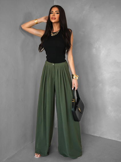 Khaki široké wide leg kalhoty VATIKA (Veľkosť ONESIZE)