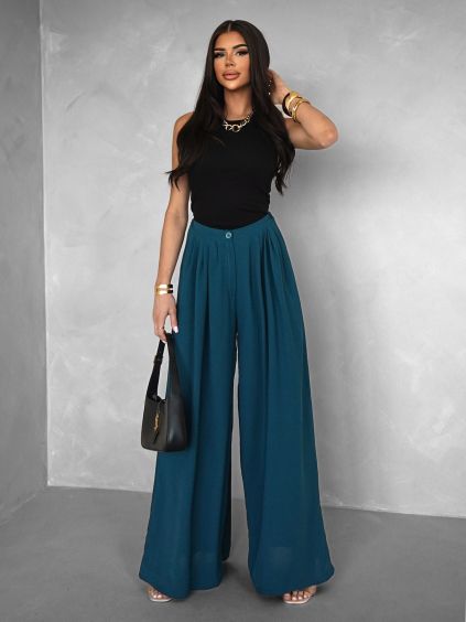 Petrolejové široké wide leg kalhoty VATIKA (Veľkosť ONESIZE)