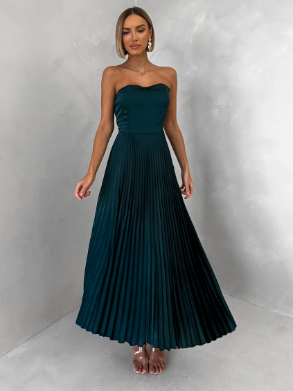 Smaragdové letné plisované šaty CAPRIE bez ramienok