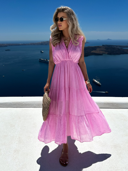 Ružové bavlnené letné dlhé šaty MARISE