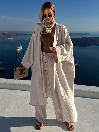 Béžový elegantní kalhotový oversize komplet GENARIA (Veľkosť L)
