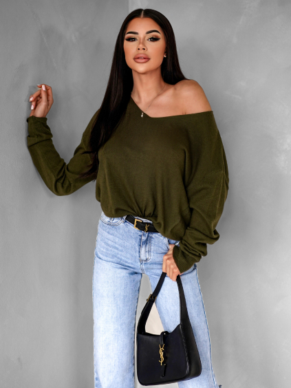 Khaki elegantní volný svetřík TRONDE (Veľkosť ONESIZE)