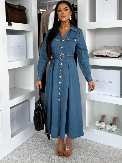 Modré džínové midi šaty CAELIA s páskem (Veľkosť M/L)
