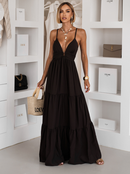 Tmavo hnedé letné dlhé maxi šaty OPALINE