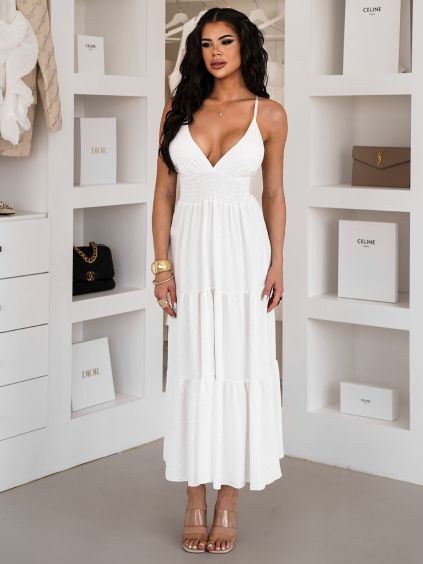 128591 bile elegantni saty stride s kaminky a vystrihem