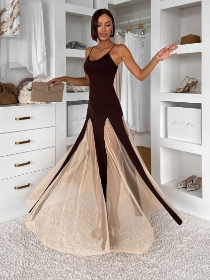 Hnědé maxi dlouhé elegantní šaty DRELVIK (Veľkosť ONESIZE)