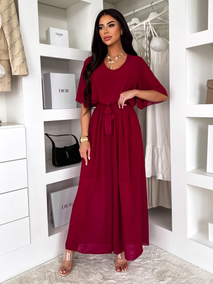 Bordó elegantní dlouhý společenský overal LEIRIA (Veľkosť ONESIZE)
