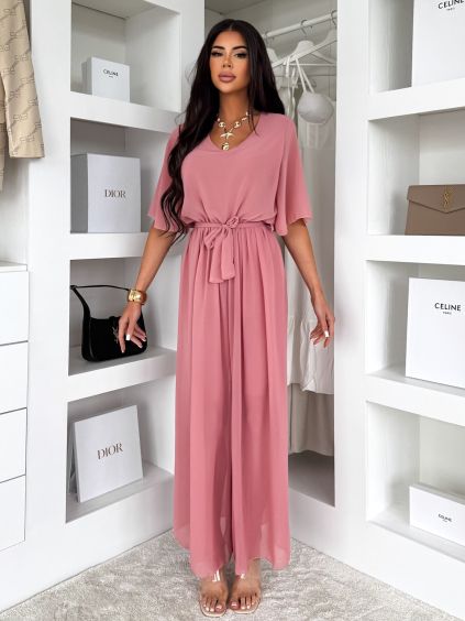 Starorůžový elegantní dlouhý společenský overal LEIRIA (Veľkosť ONESIZE)
