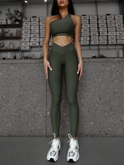 Khaki sportovní dlouhé žebrované legíny TONKA (Veľkosť L)