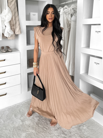 Béžový elegantní plisovaný komplet LEEROYA (Veľkosť ONESIZE)